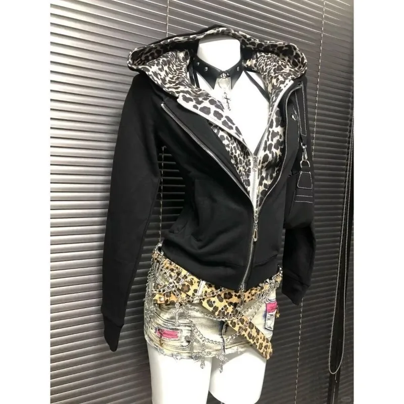 

Millennium Hot Girl Y2k Fake Two Leopard Print Black Hoodies for Women Vintage Slim Fit and Slimming Tops Gothic Women Clothing