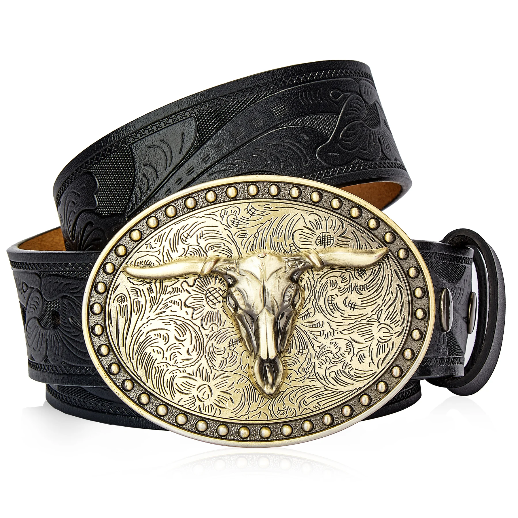 Men's Western Embossed Genuine Leather Belts with Golden Cowboy