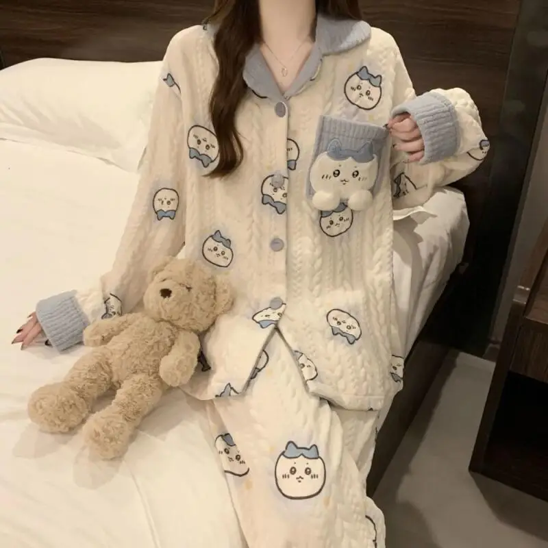 

Chiikawa Thickened Sleepwear Collared Women's Winter Home Clothes Outdoors Adorable Plush Lined Casual Winter Pyjamas Set Gift