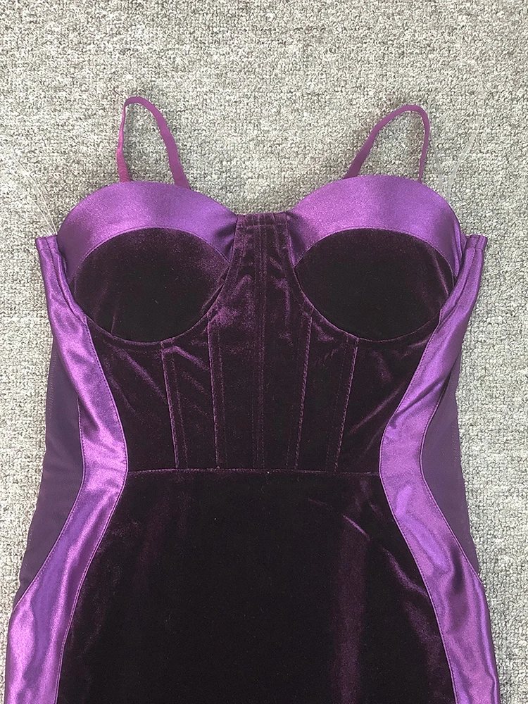Opulentna, fioletowa, aksamitna sukienka midi w stylu gorsetowym z rękawiczkami, seksowna, nowa, bez pleców, obcisła, elegancka sukienka wieczorowa w stylu celebryckim.