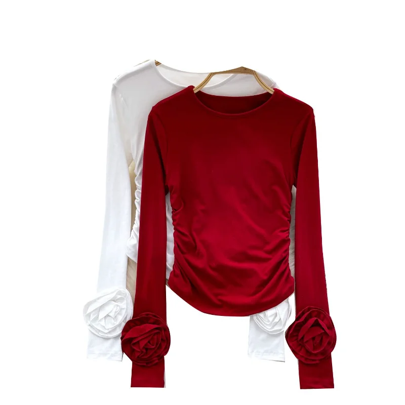 Elegant Minimalist Long Sleeve round Neck T-Shirt Women's Slim Fit Base Layer Shirt Top Polyester Fabric Regular Thickness