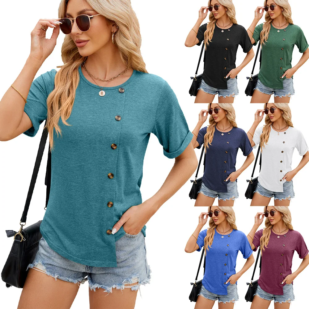 

Women's Short Sleeve T-shirt Top, Crewneck, Buttoned, Solid Color, Casual