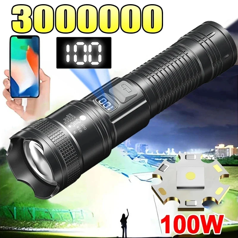 3000000LM Super Bright Flashlight Built-in Battery Rechargeable LED Flashlights High Power Torch Lamp for Camping Lantern