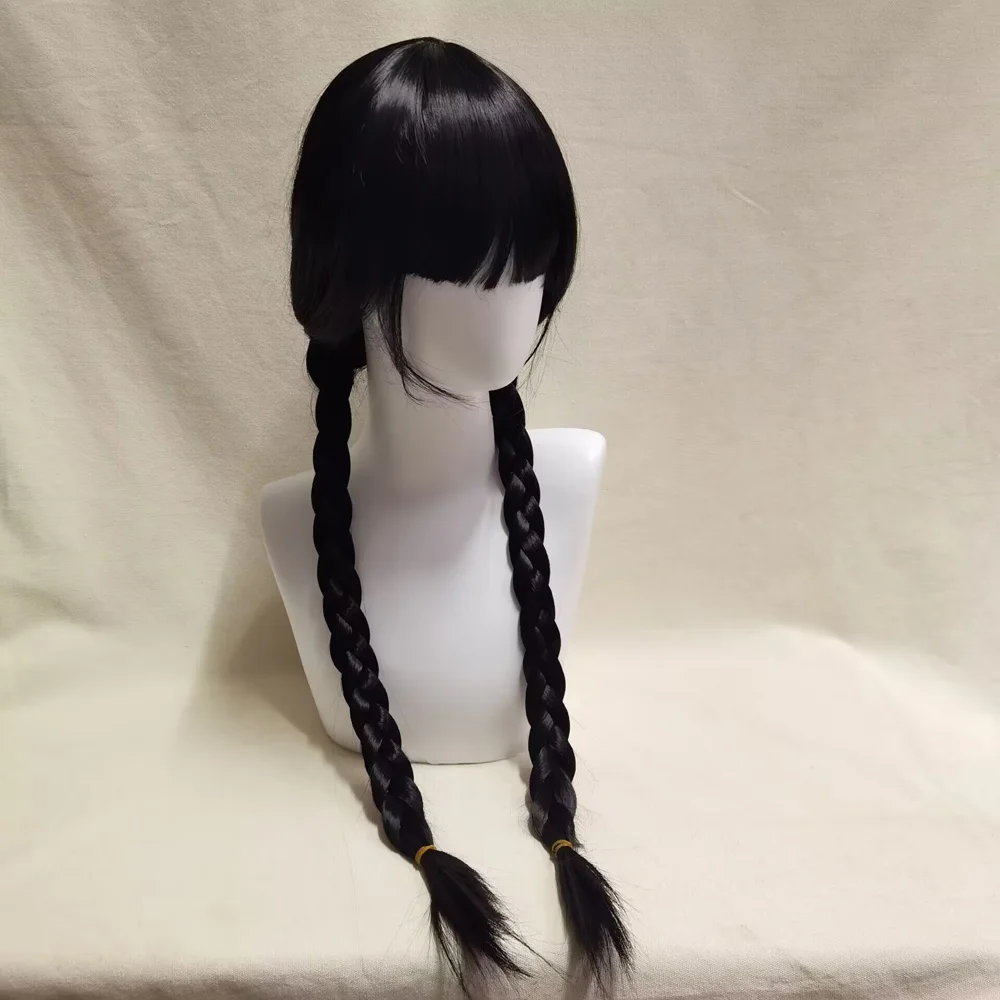 Wednesday Addams Cosplay Wig Long Black Braids Hair Heat Resistant Synthetic Wigs with Bangs for Halloween Party