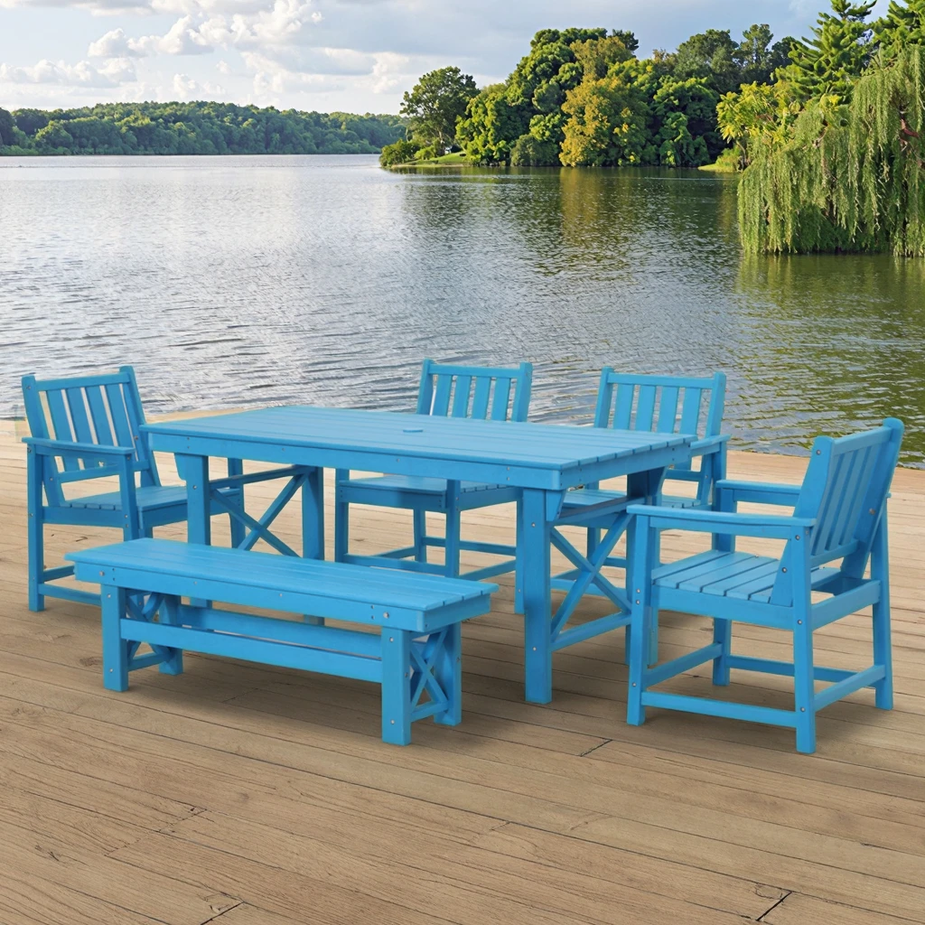 

Weather Resistant GRS 4.0 Certified HDPE Recycled Patio Dining Set Chairs Bench Table with Umbrella Hole for Outdoor Events