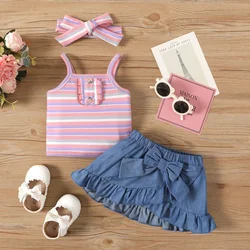 PatPat 3pcs Baby Girl 100% Cotton Ruffled Skirt and Striped Cami Top & Headband Set  Sweet Full print Casual/Outdoor