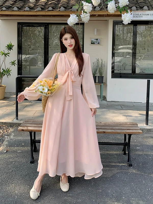 

plus Size Women's Gentle Style V-Neck Long Sleeve Dress Spring New High Waist Slimming Design Knot Long Dress