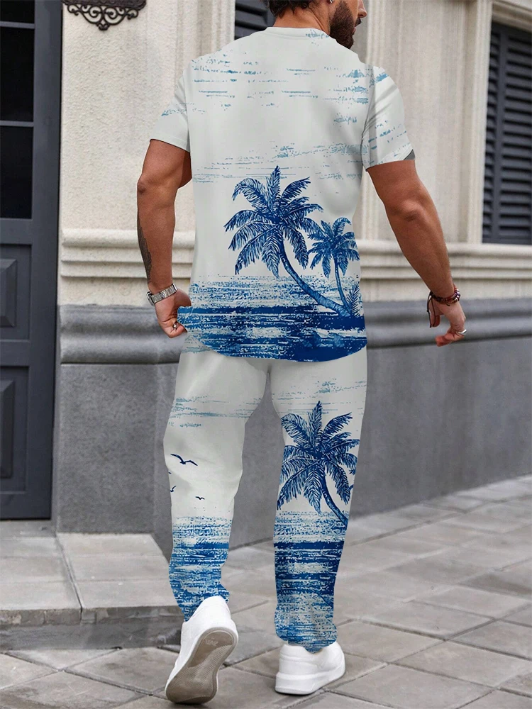 Summer Men's Suit Short Sleeve T Shirt Sports Leggings Two Piece, Quick Dry Breathable, Summer Holiday Fashion Printed Outdoor