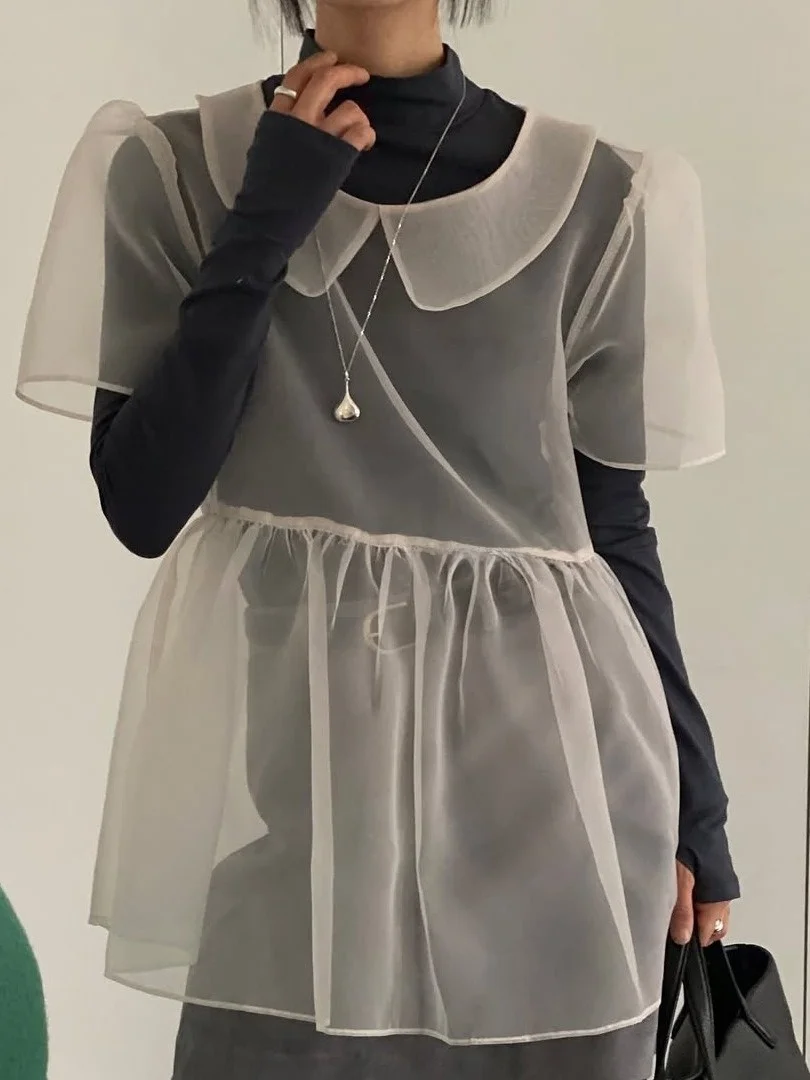 

Chic Anti-Aging Doll Collar Women's irt See tough Outerwear Layering Design Sensation Early Autumn Versatile Trendy Blouse