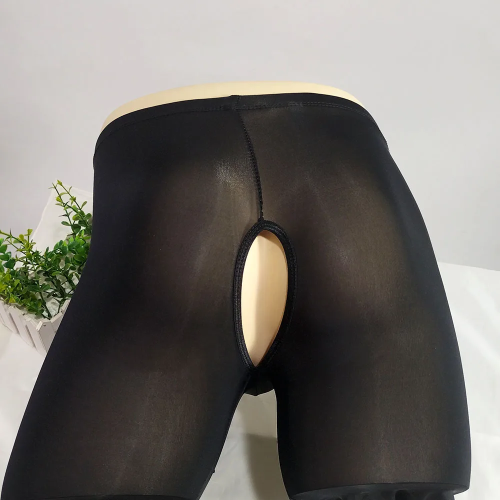 Sexy Lingerie Men Ice Silk Skinny Sheer Penis Trunk Sheath Open Butt Leggings Low Rise Tight Sissy Under Pants Exotic Pants