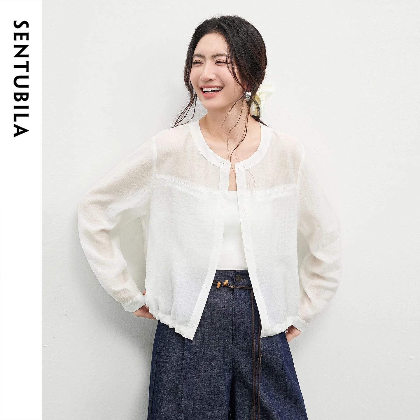 

Женская рубашка оверсайз из лиоцелла SENTUBILA, весна-лето 2026, с круглым вырезом, длинными рукавами, на шнурке, полупрозрачная, повседневная, 161WB5014