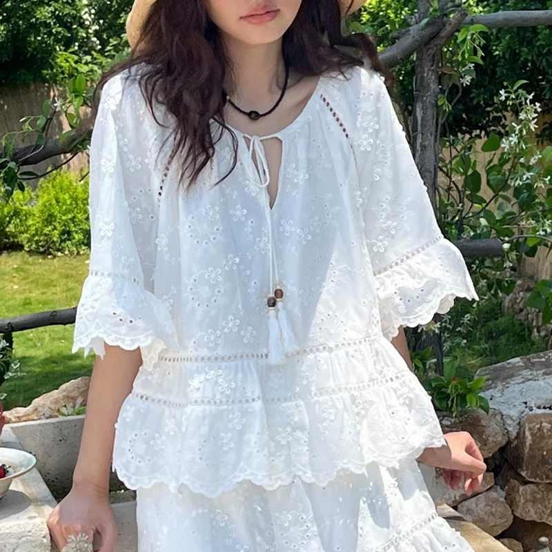 ZANZEA Vacation Holiday Tunics Fashion Lace Tunic Women Blouse Solid Color Tops 3/4 Sleeve Blusas Casual Loose Tops 2