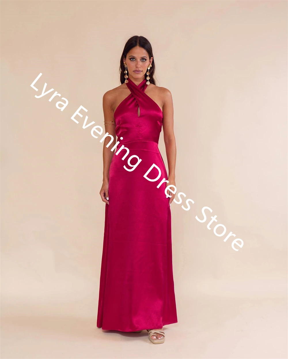 Personalizado de luxo vermelho cetim vestido de noite halter sem mangas vestidos de celebridades temperamento ocasião especial vestidos abertos para trás