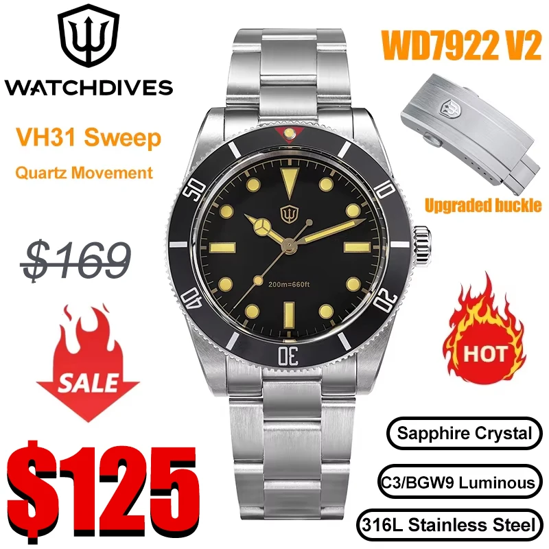Watchdives WD7922 V2 BB54 Quarzuhren VH31 20Bar wasserdicht, leuchtender Saphir, 37 mm, modische Edelstahl-Taucharmbanduhr