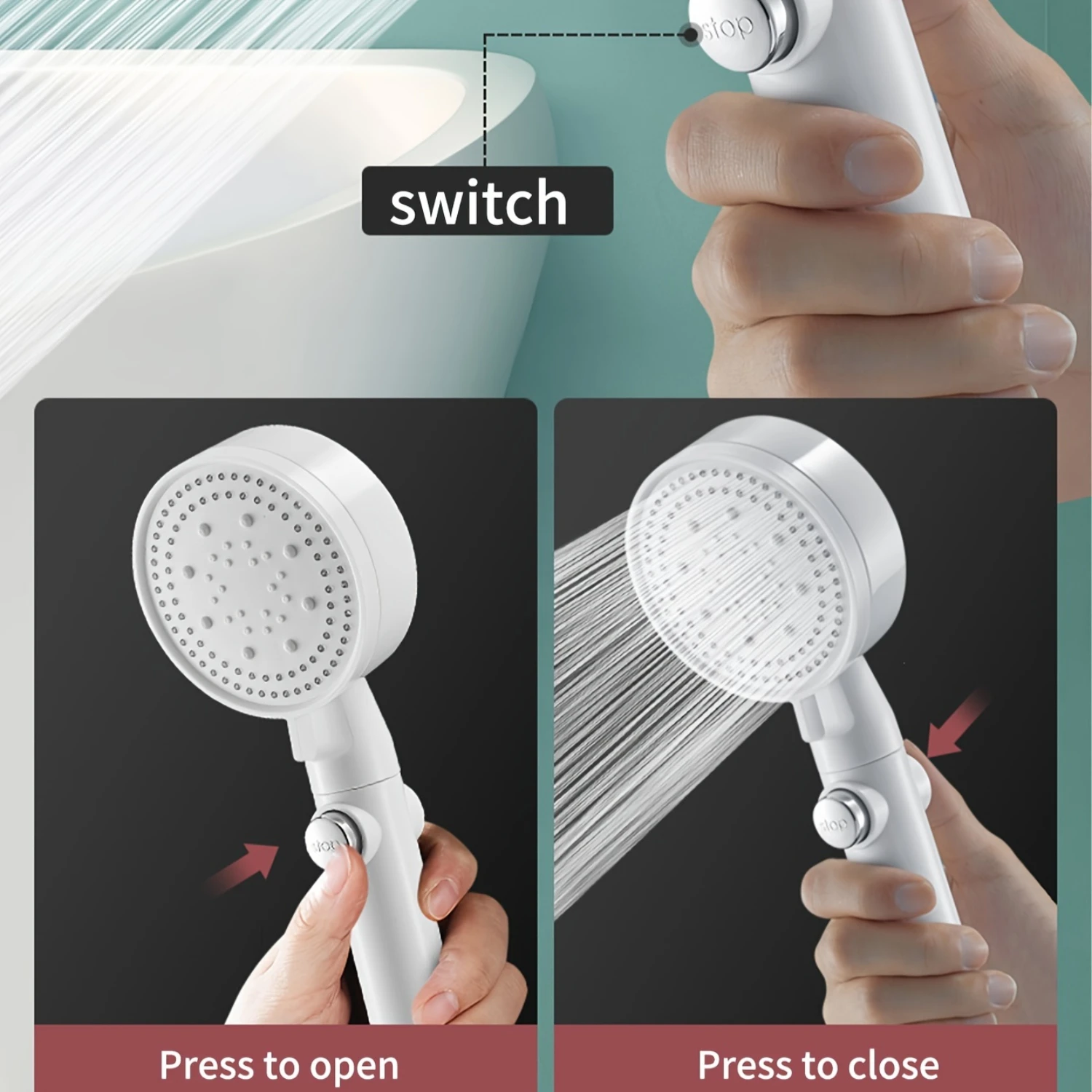 1pc Pressurized Handheld Shower Head, Shower Bracket And Hose, 5 Modes Adjustable Water Output Shower Head, Bathroom Shower Nozz