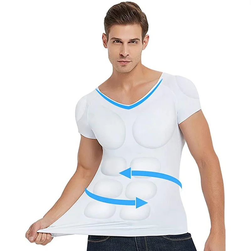 Homem invisível falso peito de engorda fina elástica destacável músculos abdominais gelo seda shaper secagem rápida de fundo camiseta