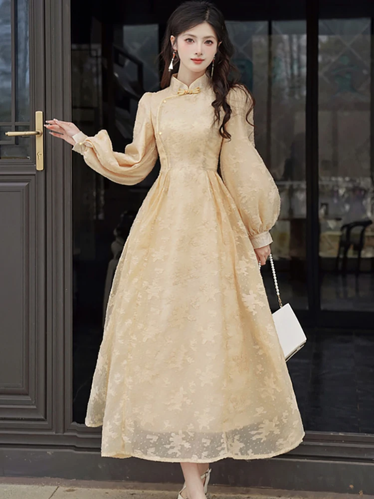 

Осень-зима модное жаккардовое платье с длинным рукавом и воротником-стойкой женское элегантное роскошное платье макси 2025 корейское облегающее вечернее платье