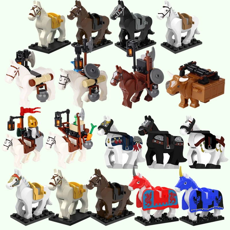 City Street View Medieval Military Transport Horse Animals Building Blocks Weapons Helmet Carriage Farm Cattle Bricks Toys Gifts