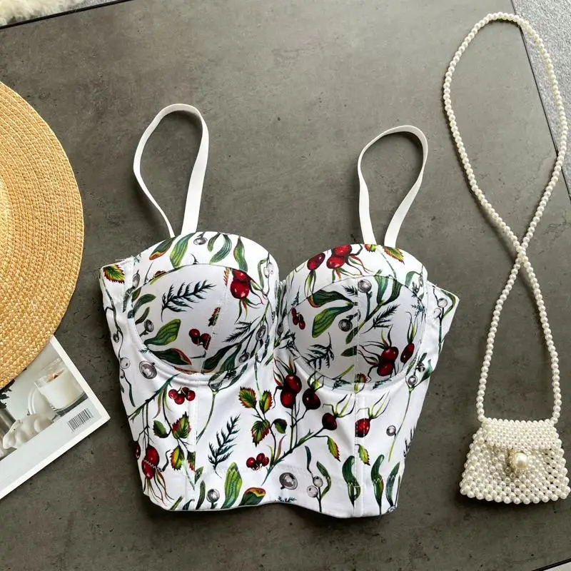 Hotsweet Sleeveless Sexy Backless Fashion Chic Print Slim Straps Short Camis Crop Top Beach Vacation High Street Women Clothing