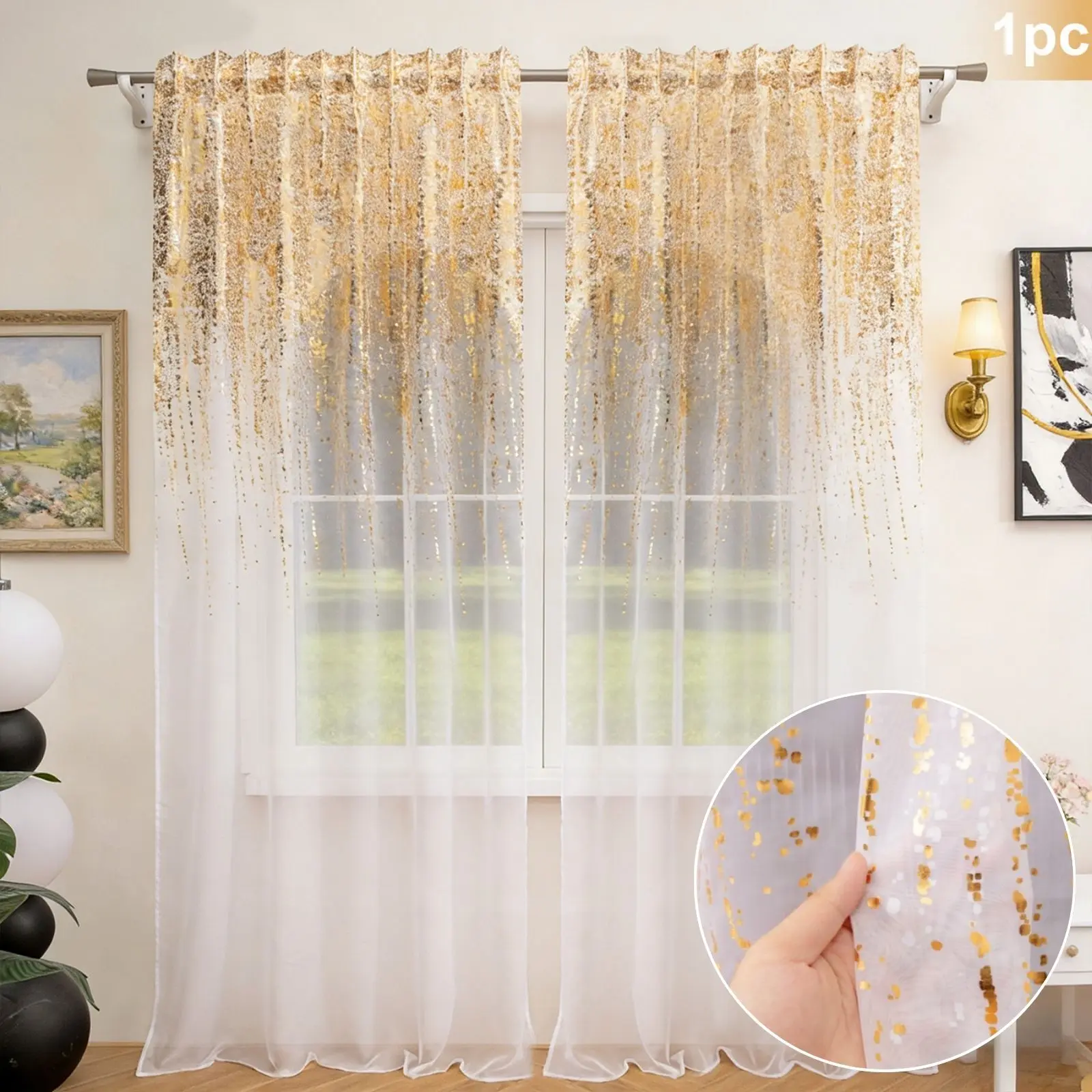 1 Stück goldfarbener, transparenter Vorhang mit Regenmuster, halbtransparenter Fenstervorhang, für Wohnzimmer, Schlafzimmer, schönes Einweihungsgeschenk