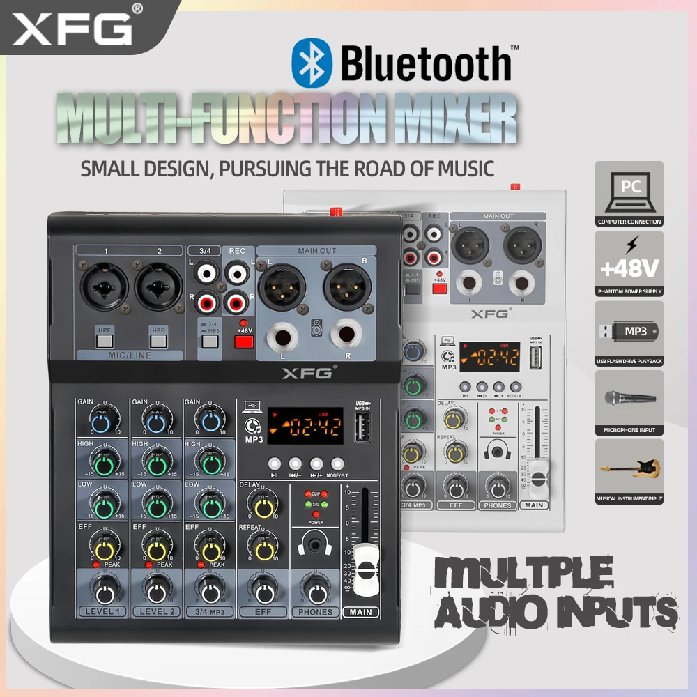 

audio mixing console 4 channel USB bluetooth interface audio Mixer sound board remote with playback 48V Phantom Power Karaoke