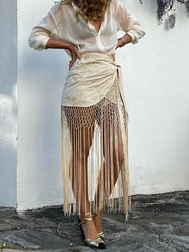 HH Gonna longuette casual asimmetrica con nodo a vita alta con temperamento femminile ricamato alla moda da donna