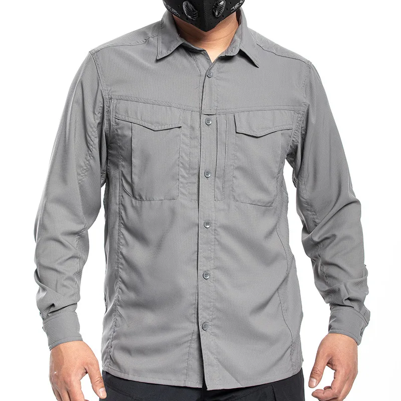 

Летняя мужская тактическая рубашка для кемпинга и пешего туризма, рабочая рубашка, быстросохнущая дышащая эластичная рубашка с длинными рукавами и несколькими карманами для рыбалки