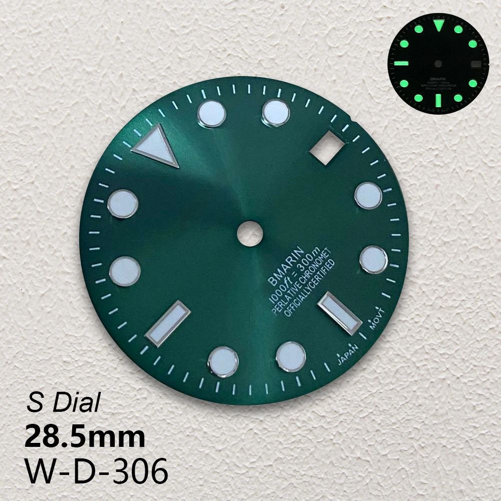 28.5mm logotipo s sub sunburst dial caber nh35/nh36/4r/7s movimento japonês verde luminoso acessórios de modificação de relógio de alta qualidade