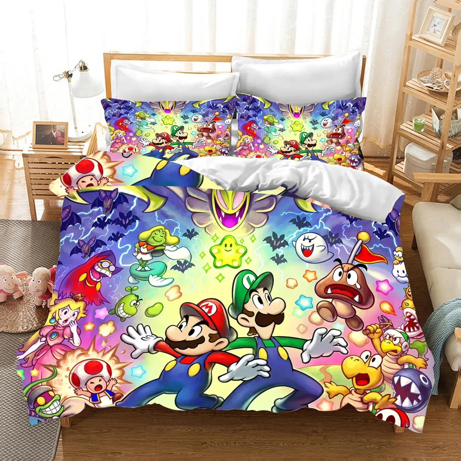 Cartoon duvet cover pillowcase boy bedroom single double queen king duvet set, mario cute print home bedding set