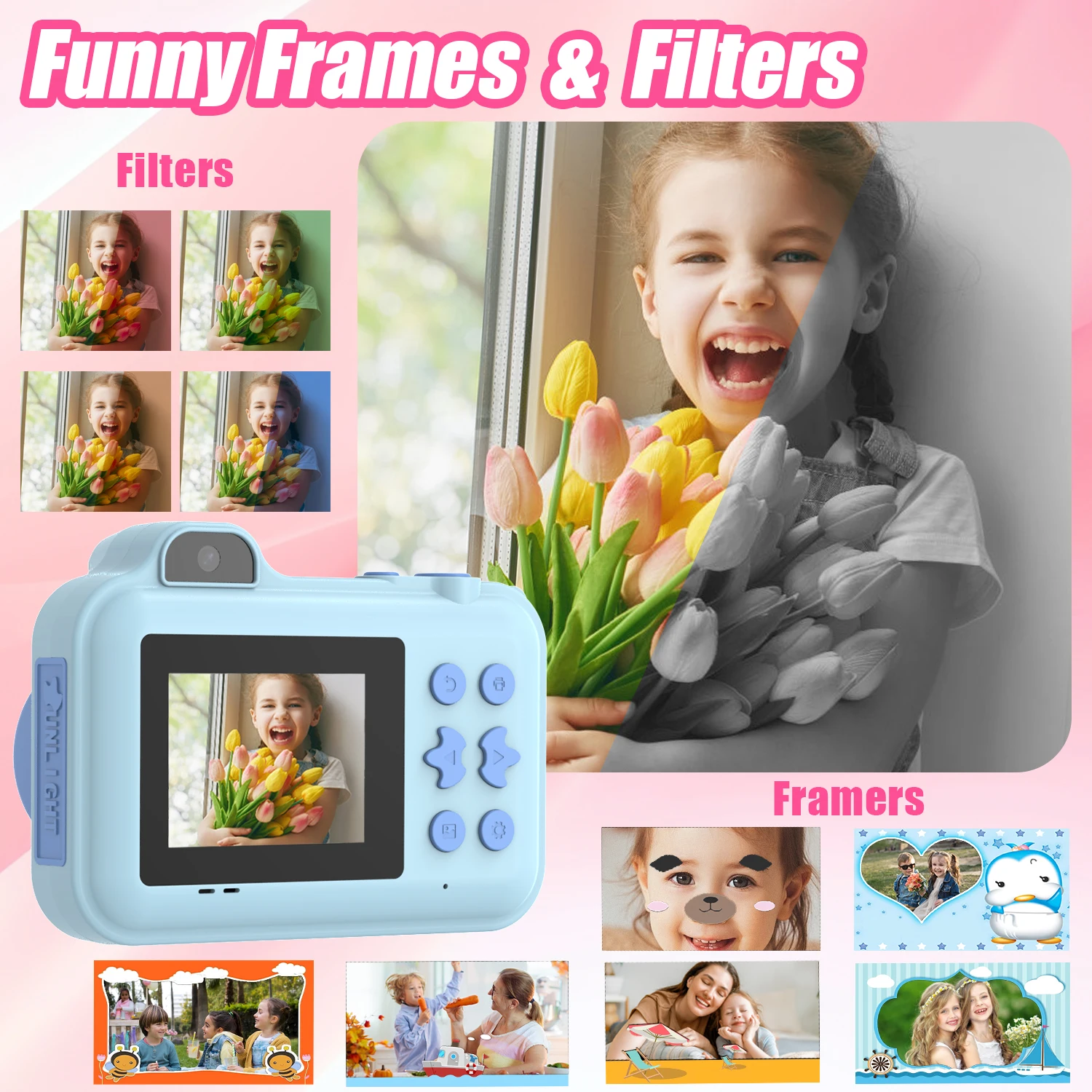 Instant Print Camera For Kids Mini Digital Video Camera Dual Lens Photo Printing Thermal Paper Toys Camera Boys Girls Gifts
