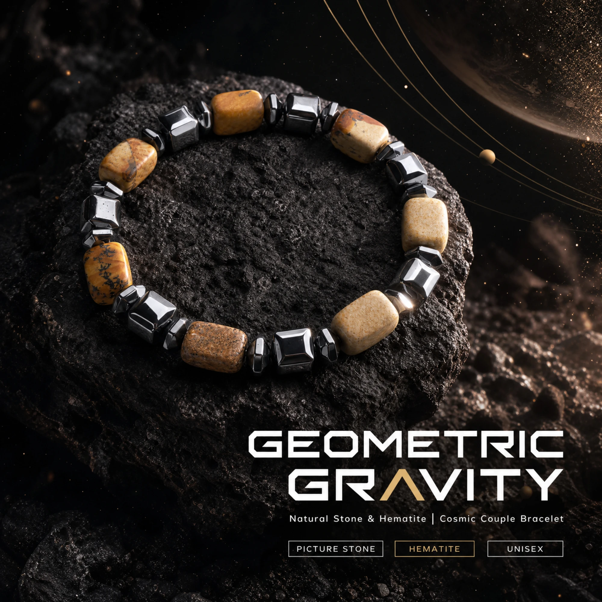 Natural Picture Jasper with Hematite Spacer Beads Bracelet Gemstone Stretch Jewelry for Women Men Root Chakra Grounding Gift