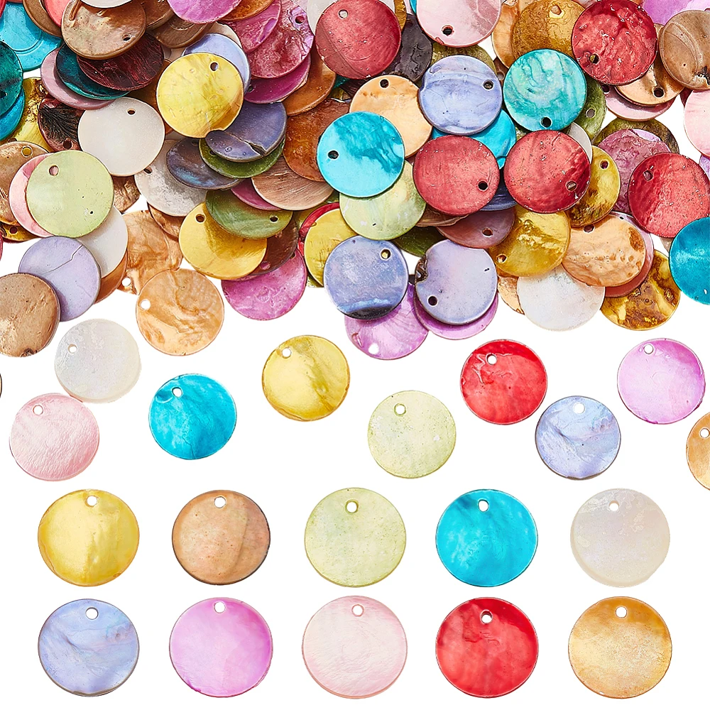 

160Pcs 10 Colors Spray Paint Akoya Shell Pendants Mother of Pearl Shell Disc Charms Mixed Color 15x1~3mm Hole: 1.1~1.5mm