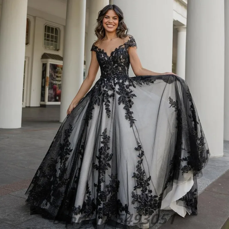 Sevintage Black A Line Tulle Wedding Dress Women Illusion Neck Cap Sleeve Bride Party Dress Applique Bridal Gown 2025 Customized