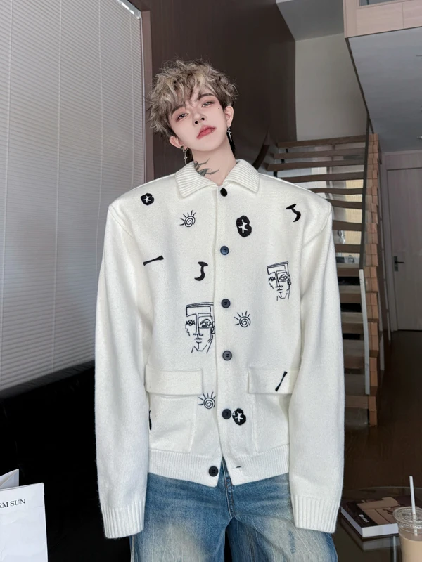 

Модный вязаный кардиган-свитшот унисекс из хлопка, полиэстера, спандекса и овечьей кожи с вышивкой, повседневное зимнее пальто