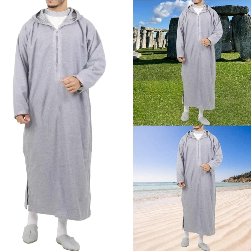 Men Muslims Kaftan Islamic Arabic Robes Patchwork Vintage Middle East Caftan Hooded Loose Casual Long Sleeve Thobe Robe