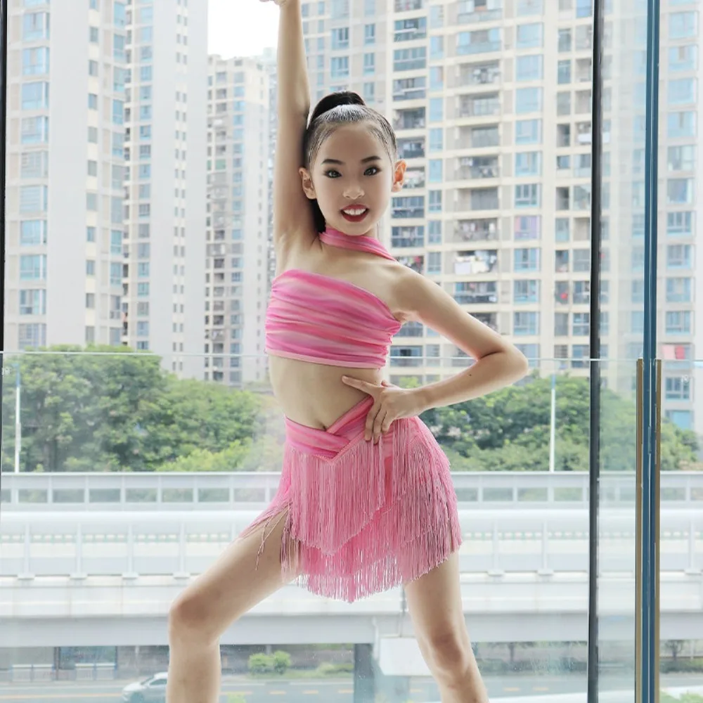 New children's girl Latin dance outfit summer strapless rainbow tassel skirt performance outfit practice set