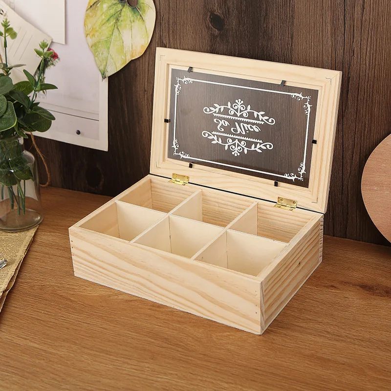 

Solid Wood Six-Grid Storage Box, Rectangular Multi-Compartment Desktop Organizer