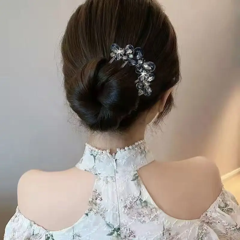 Rhinestone Butterfly U-Shaped Hairpin for Women, New Chinese Style Four-Tooth Comb, Ancient Style Hanfu Cheongsam Hairpin