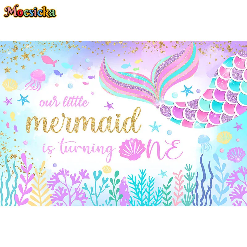 Our Little Mermaid Is Turning One Princess 1st Birthday Backdrops Mermaid Tail Seabed Shell Baby Shower Background Photo Studio