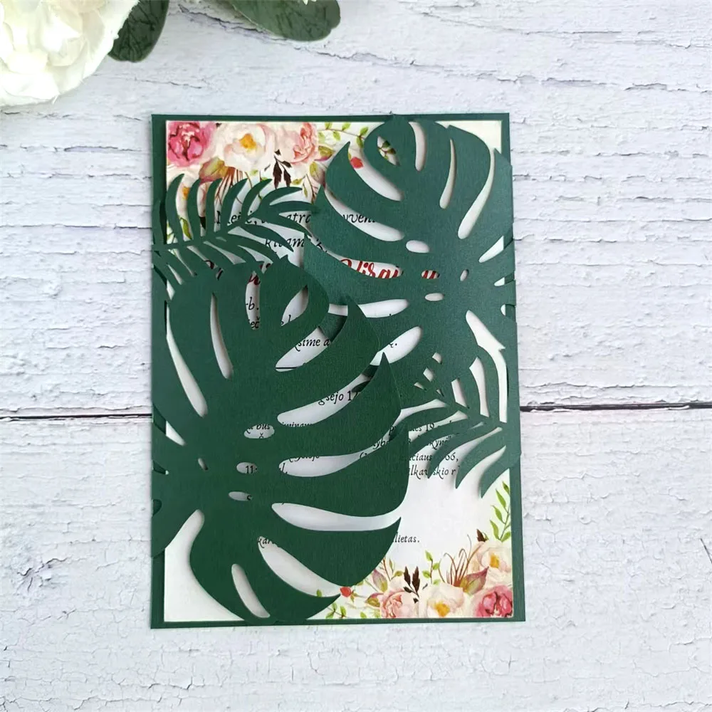 Green Palm Laser Cut Invitation Cards, 20pcs Wedding Invitation Cards With Envelopes. Tropical Scene Wedding Card