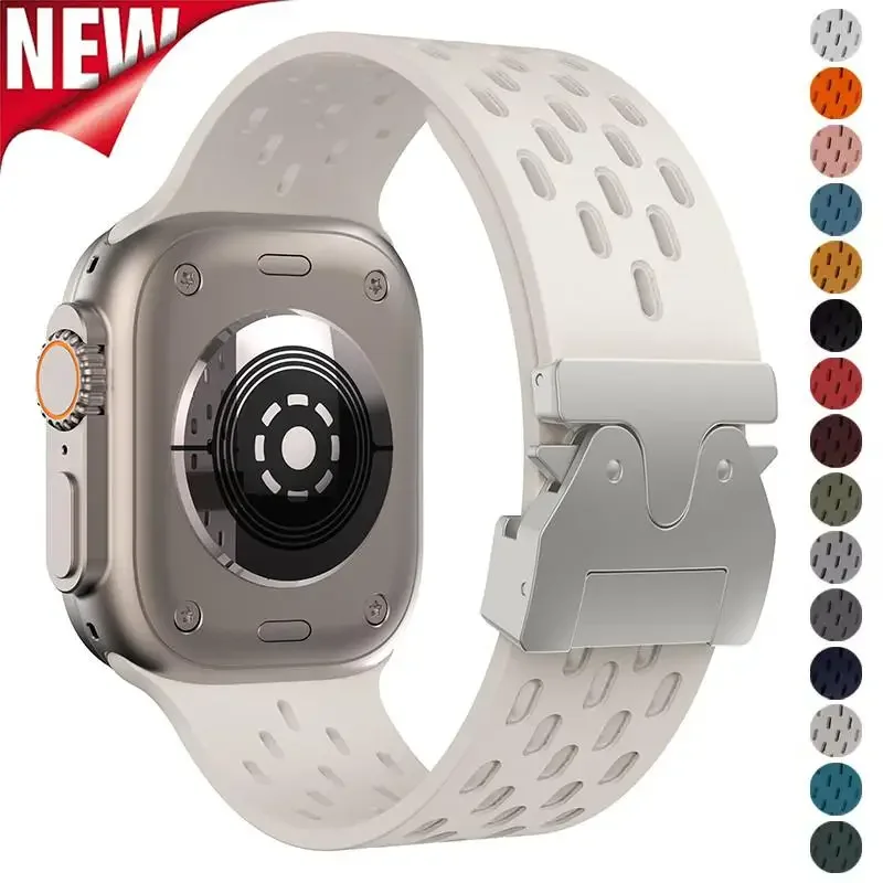 Дышащий силиконовый ремешок для Apple Watch Band 10 46 мм 44 мм 45 мм 42 мм с металлической пряжкой Correa для IWatch 10 9 8 7 6 5 4 SE Ultra 2 49 мм