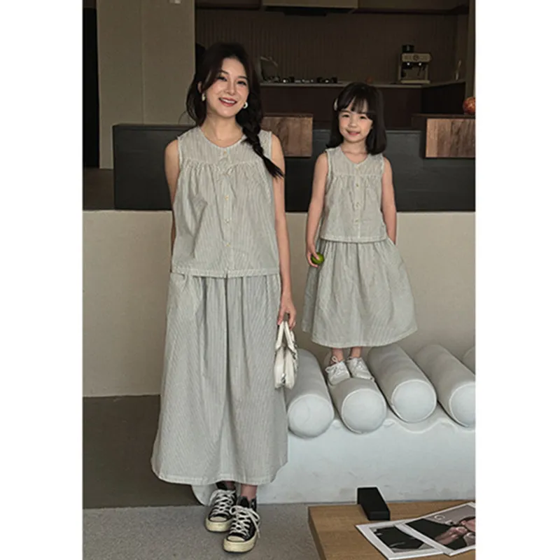 Mom and Child Matching Outfits Korean Mother and Daughter Son Two Piece Sets Women Vest Skirts 2 Pieces Suit Baby Twin Clothes