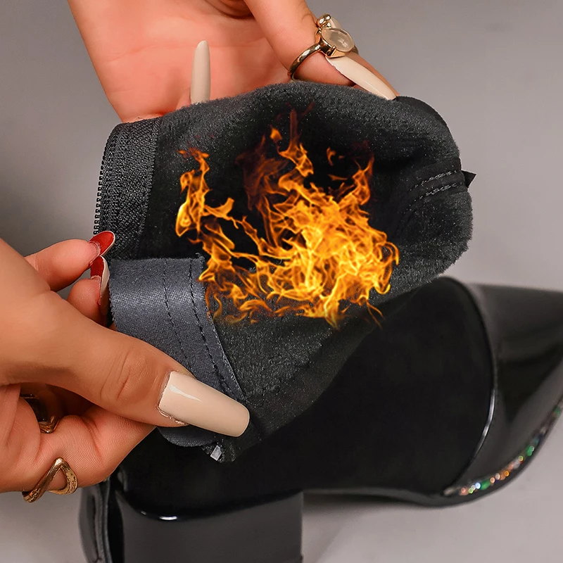 بلورات فاخرة أشار تو حذاء من الجلد النساء حجم كبير 42 عودة سستة كعب سميك أحذية امرأة موضة الجوارب القصيرة الدافئة Mujer #6