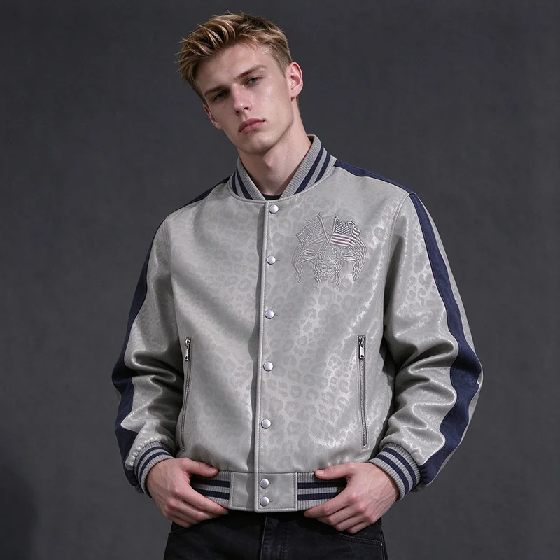 American Vintage Leopard Print Full-Panel Patchwork Leather Jacket Men Women Embroidery And Color Block Sleeves Casual Outerwear