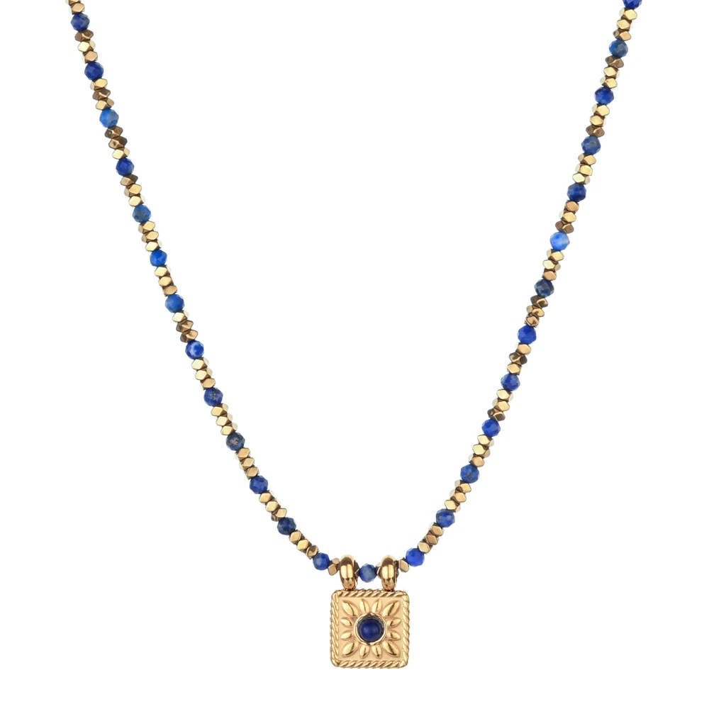 Vintage Lapislazuli Perlenkette mit Zirkon-Münzanhänger, Böhmische Mehrlagige Halskette, Handgefertigter Schmuck – Detail 6