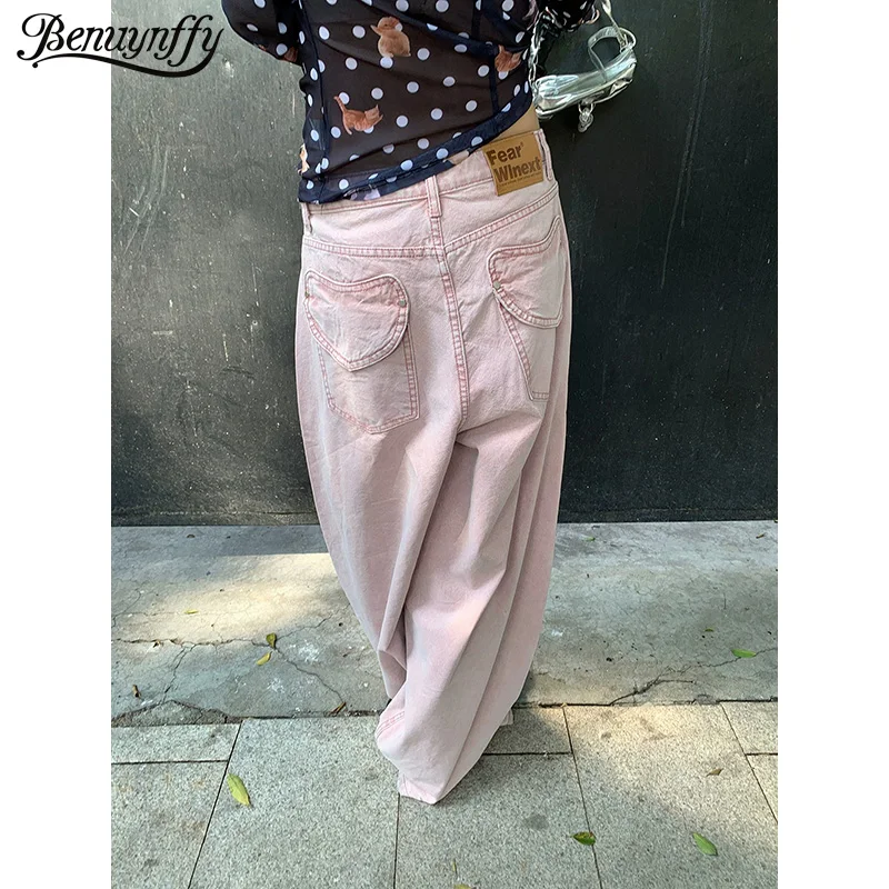 

Benuynffy Korean Y2k Low Rise Back Heart Pocket Baggy Jeans Women 2026 Spring New Streetwear All-Match Female Wide-leg Pants