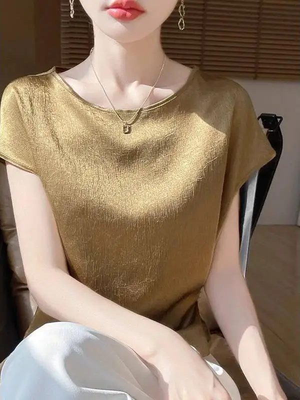 Frühling Sommer Neues strukturiertes rundes Ne ort Sve Damen-T-Shirt mit asymmetrischem Design und Satinbasis, bequeme, lockere Passform, Strick...