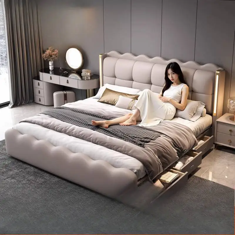 

Storage White Double Bed Minimalist Decoration Accessories Modern Double Bed Wooden Household Cama Twin Furniture For Home