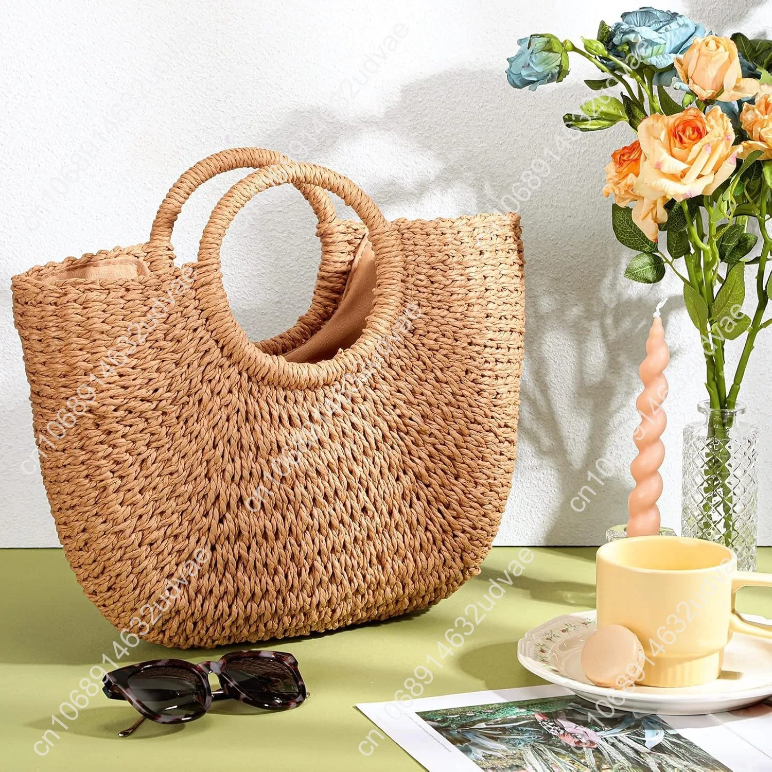 Frienda Straw Tote Bag Summer Beach Bag Handmade Straw Rattan Woven Handbag for Women Travel