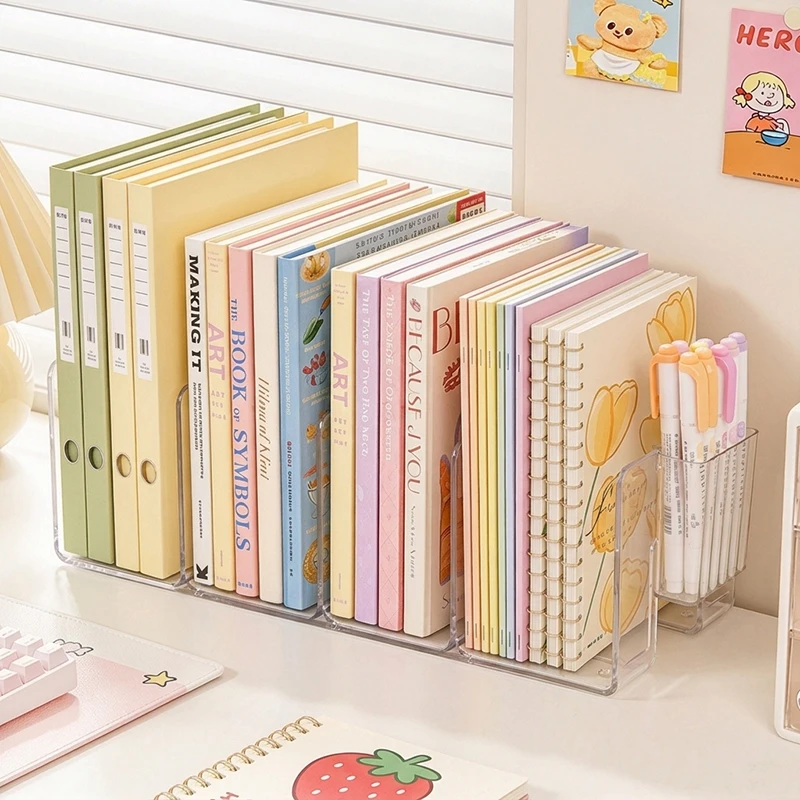 Multi-Slot Clear Acrylic Bookend Rack, Desktop Book & Document Organizer, Desk Storage for Home and Office, Free Pen Holder